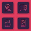 Set line Meditation, Women waist, Bed and Mobile with heart rate. Blue square button. Vector