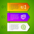 Set line Megaphone, Action extreme camera, Film reel and Paper glass with water. Business infographic template. Vector