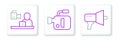 Set line Megaphone, Breaking news and Cinema camera icon. Vector Royalty Free Stock Photo