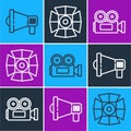 Set line Megaphone, Cinema camera and Movie spotlight icon. Vector