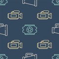 Set line Megaphone, Cinema camera and Cinema ticket on seamless pattern. Vector