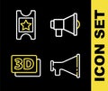 Set line Megaphone, 3D word and Cinema ticket icon. Vector Royalty Free Stock Photo