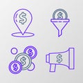 Set line Megaphone and dollar, Coin money with, Lead management and Cash location pin icon. Vector