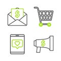 Set line Megaphone and dollar, Mobile like with heart, Shopping cart and Envelope coin icon. Vector