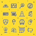 Set line Megaphone, Firefighter, extinguisher, axe, burning garage, exit, helmet and Traffic cone icon. Vector