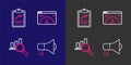 Set line Megaphone, Magnifying glass and analysis, Website statistic and Clipboard with graph chart icon. Vector