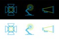 Set line Megaphone, Movie spotlight and Table lamp icon. Vector