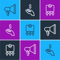 Set line Megaphone, Weight loss and Hand holding coin money icon. Vector