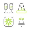 Set line Merry Christmas ringing bell, Snowflake, Santa Claus hat and Glass of champagne icon. Vector