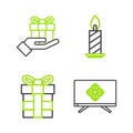 Set line Merry Christmas on television, Gift box, Burning candle in candlestick and hand icon. Vector