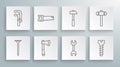 Set line Metallic nail, Hand saw, Wooden axe, Wrench spanner, screw, Hammer, Sledgehammer and Clamp tool icon. Vector Royalty Free Stock Photo