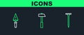 Set line Metallic nail, Trowel and Hammer icon. Vector