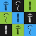 Set line Metallic screw, Chisel tool for wood and Paint roller brush icon. Vector