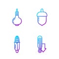 Set line Meteorology thermometer, Corn, Onion and Acorn. Gradient color icons. Vector