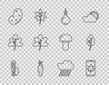 Set line Meteorology thermometer, Leaf on mobile phone, Onion, Carrot, Potato, leaves, Cloud with rain and icon. Vector