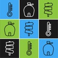 Set line Meteorology thermometer, Road traffic signpost and Canteen water bottle icon. Vector