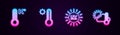 Set line Meteorology thermometer, , UV protection and Thermometer and cloud, sun. Glowing neon icon. Vector