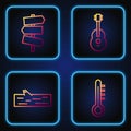Set line Meteorology thermometer, Wooden log, Road traffic signpost and Guitar. Gradient color icons. Vector