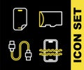 Set line Micro SD memory card, Waterproof phone, USB cable cord and Glass screen protector icon. Vector Royalty Free Stock Photo