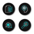 Set line Microorganisms under magnifier, Atom, and Calculator icon. Vector