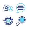Set line Microorganisms under magnifier, Bacteria, Speech bubble chat and Question and Answer icon. Vector