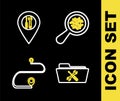 Set line Microorganisms under magnifier, Folder service, Route location and Location icon. Vector