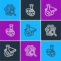 Set line Microorganisms under magnifier, Graduation cap and Test tube with toxic liquid icon. Vector Royalty Free Stock Photo