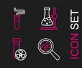 Set line Microorganisms under magnifier, Test tube with toxic liquid, flask on stand and icon. Vector