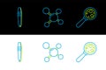 Set line Microorganisms under magnifier, Tweezers and Molecule icon. Vector