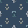 Set line Microphone, Ancient amphorae and Table lamp on seamless pattern. Vector Royalty Free Stock Photo