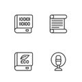 Set line Microphone, Book about ecology, Books programming and Decree, parchment, scroll icon. Vector