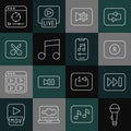 Set line Microphone, Fast forward, Record button, Music video settings, note, tone, editing, Online play and player icon Royalty Free Stock Photo