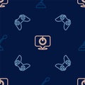 Set line Microphone, Game controller or joystick and Power button on seamless pattern. Vector