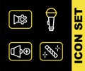 Set line Microphone, Photo retouching, Speaker volume and Music or video settings icon. Vector Royalty Free Stock Photo