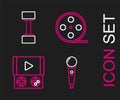 Set line Microphone, Portable video game console, Film reel and Dumbbell icon. Vector