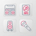 Set line Microphone, Stereo speaker, MP3 file document and Home stereo with speakers icon. Vector Royalty Free Stock Photo