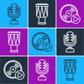 Set line Microphone, Vinyl disk and Drum icon. Vector