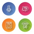 Set line Microphone, Vinyl disk, Floppy and Telephone handset. Color circle button. Vector