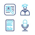 Set line Microphone voice device, Exam sheet, Graduate and graduation cap and Translator icon. Vector