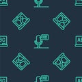 Set line Microphone voice device, Foreign language online study and Chalkboard on seamless pattern. Vector