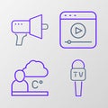 Set line Microphone, Weather forecast, Live stream and Megaphone icon. Vector