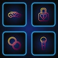 Set line Microphone, Wedding rings, Limousine car and Lock and heart. Gradient color icons. Vector Royalty Free Stock Photo