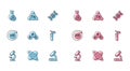 Set line Microscope, Atom, Test tube with toxic liquid, Sulfur dioxide SO2, Helium and Ozone icon. Vector