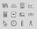 Set line Microscope, Drawing compass, World map on school blackboard, Clock, Paper clip, Notebook, Ruler and Ringing Royalty Free Stock Photo