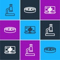 Set line Microscope, Genetic engineering modification and Petri dish with bacteria icon. Vector Royalty Free Stock Photo