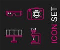 Set line Microscope, Solar energy panel, Mirrorless camera and Smart glasses icon. Vector Royalty Free Stock Photo