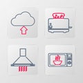 Set line Microwave oven, Kitchen extractor fan, Toaster with toasts and Cloud upload icon. Vector Royalty Free Stock Photo
