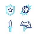 Set line Military helmet, knife, Bomb explosive planet earth and Police badge icon. Vector Royalty Free Stock Photo