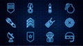 Set line Military helmet, Target sport, Nuclear rocket, rank, Biohazard, Chevron, dog tag and reward medal icon. Vector Royalty Free Stock Photo