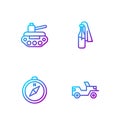 Set line Military jeep, Compass, tank and Cocktail molotov. Gradient color icons. Vector